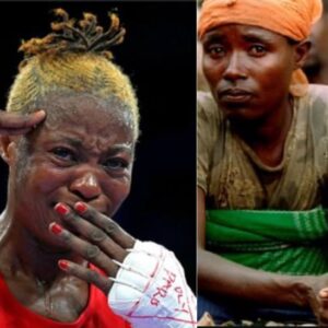 Marcelat Sakobi, atleta congolesa, faz sua denúncia sobre a violência no Congo expressa por meio de um gesto durante as Olimpíadas